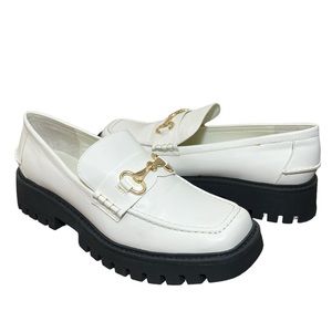 Open Edit white vegan leather gold horsebit detail lug sole loafers size 11
